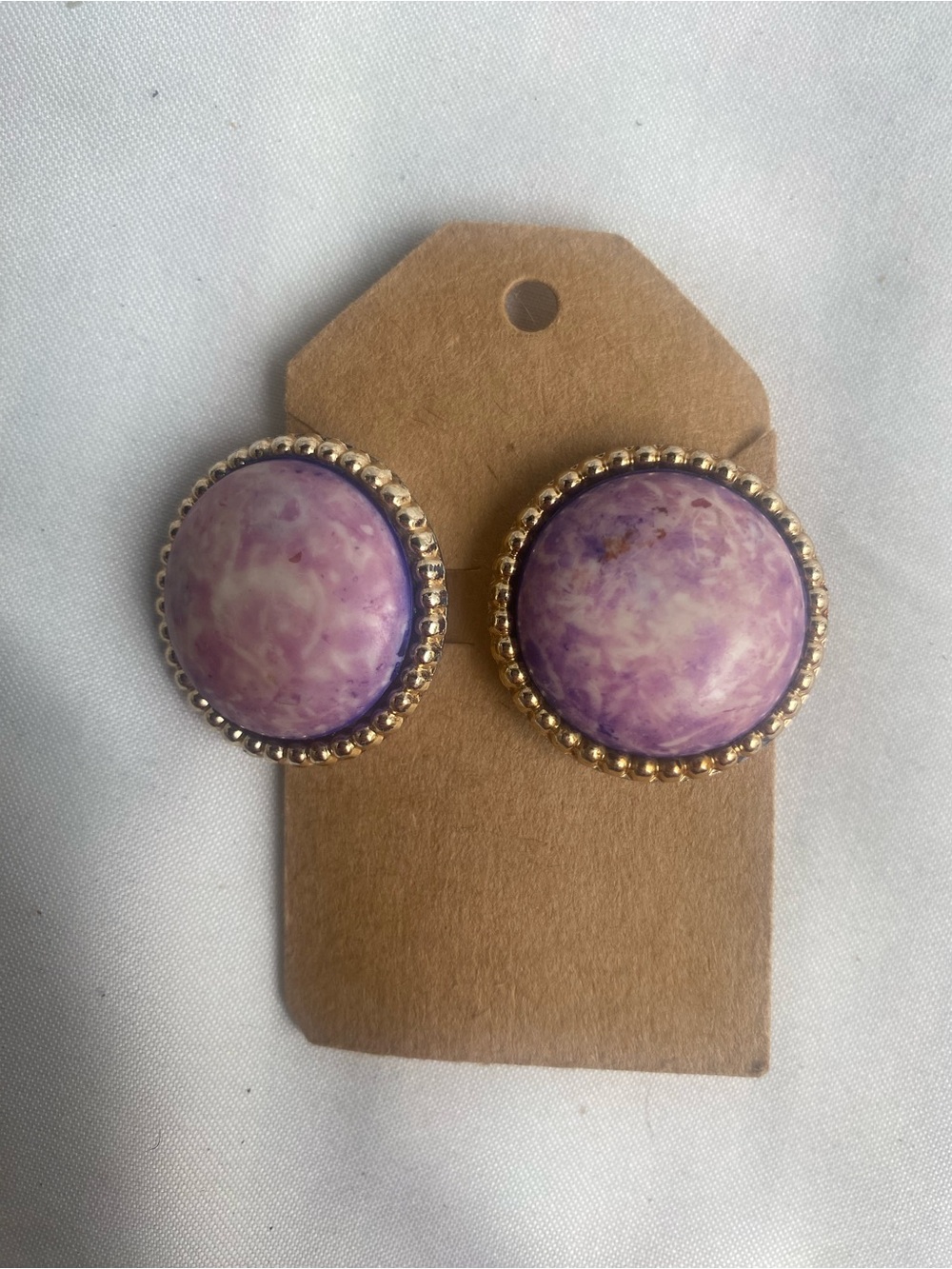 Purple Marbled Round Clip on Earrings with Gold Beaded Trim